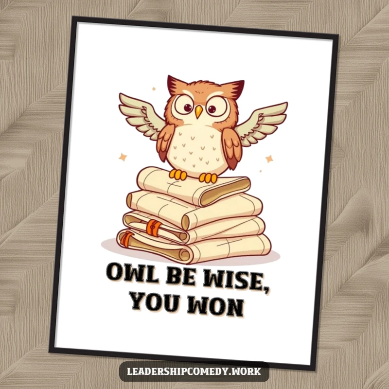Funny Free Printable Wall Art: Wise owl perched on a stack of ancient scrolls, hooting directives with an intelligent, knowing gaze.