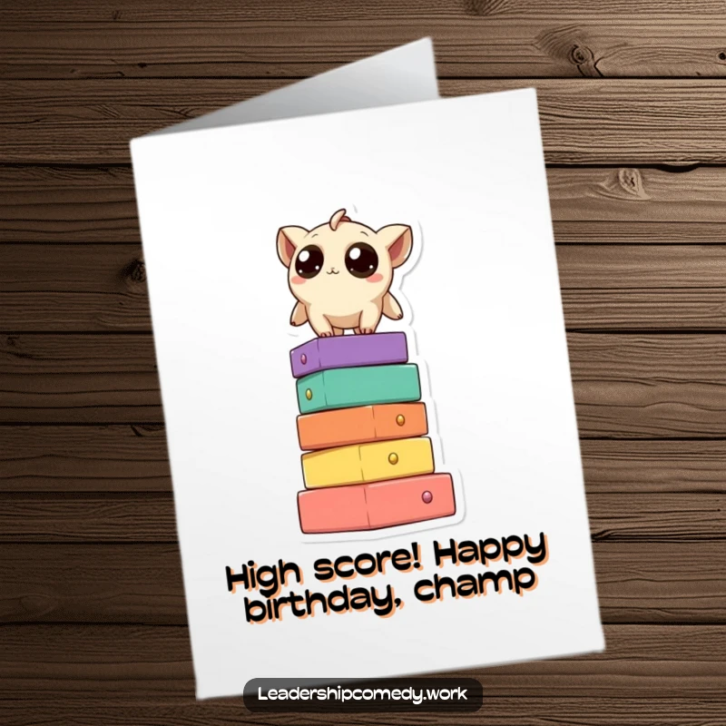 Funny Free Printable Birthday Card: Curious creature on block tower, surveying joyfully, perfect for a humorous DIY celebration.