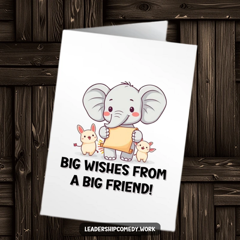 Funny Free Printable Birthday Card: A cheerful elephant leads a parade of small animals, holding a celebratory scroll.
