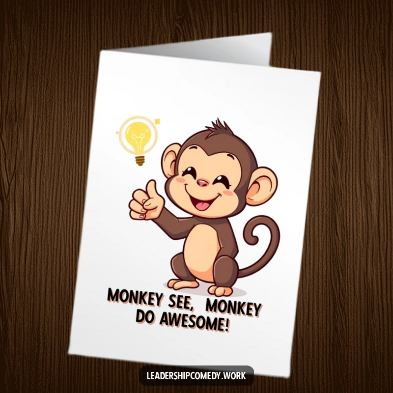 Funny Free Printable Birthday Card: Monkey with Glowing Idea Bubble, pointing enthusiastically, perfect downloadable gift.