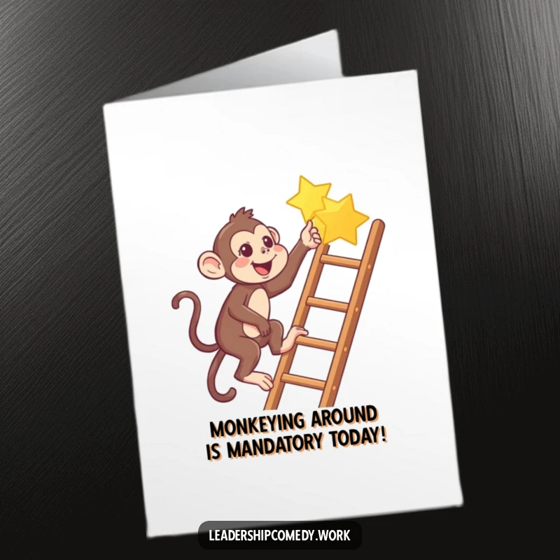 Funny Free Printable Monkey Birthday Card: A playful monkey climbing a ladder towards a star, wishing a happy birthday.