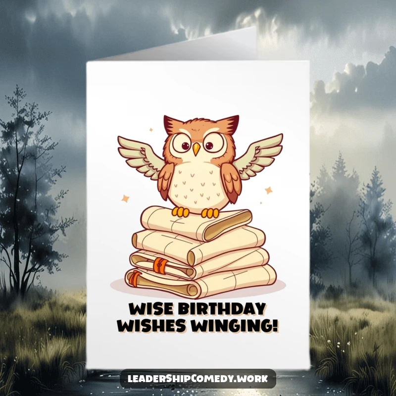 Funny Free Printable Birthday Card: Wise owl perched on scrolls, hooting birthday greetings with a knowledgeable and slightly stern expression.