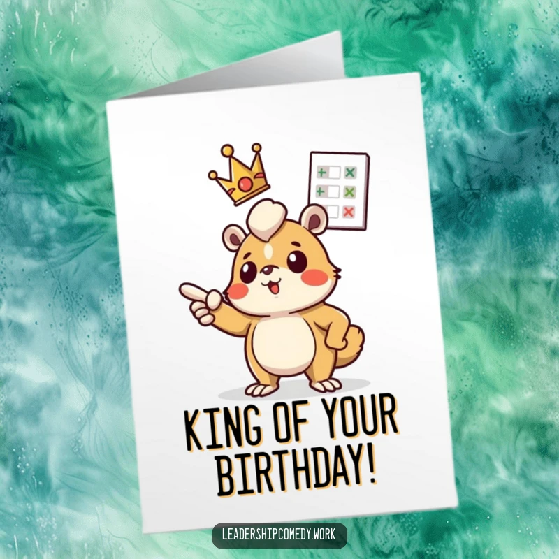 Funny Free Printable Birthday Card: Determined creature with tiny crown points at floating chart, celebrating birthday goals.