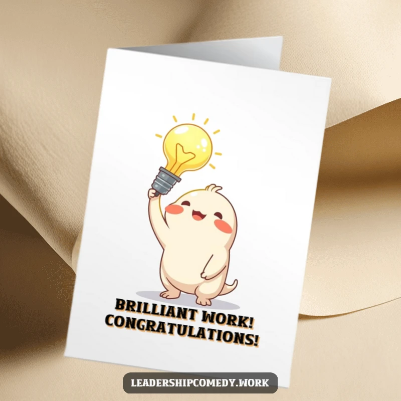 Funny Free Printable Congrats Card: Creature holding a glowing idea bulb, celebrating a successful bright idea.