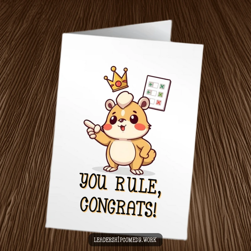 Funny Free Printable Congratulations Card: Determined creature with tiny crown points at floating chart, celebrating achievement.