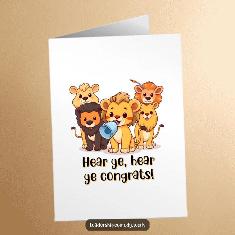Funny Free Printable Congratulations Card: Brave lion cub with a megaphone, rallying a happy group of animals to celebrate a big win.