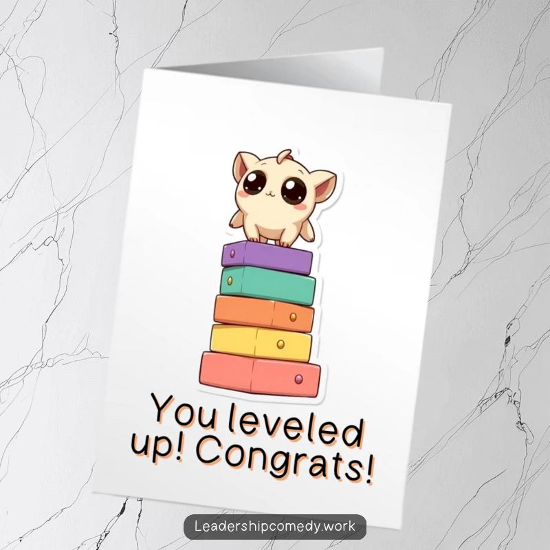 Funny Free Printable Congrats Card: Curious creature on block tower, looking down, celebrating success with humor.