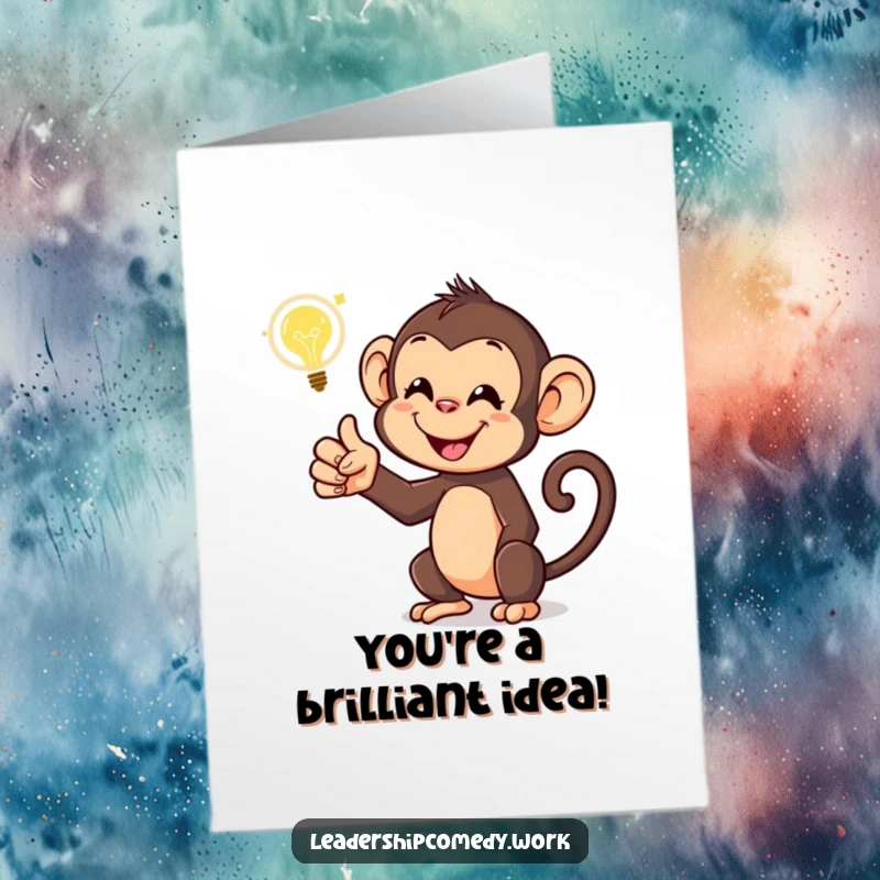 Funny Free Printable Congratulations Card: Monkey with Idea Bubble, celebrating success, downloadable gift for achievements.
