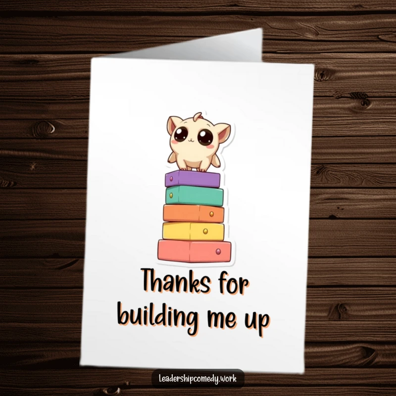 Funny Free Printable Thank You Card: Curious creature atop blocks, waving thanks from above, a humorous gesture.