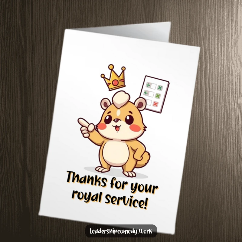 Funny Free Printable Thank You Card: Determined creature with tiny crown points at floating chart, expressing thanks.