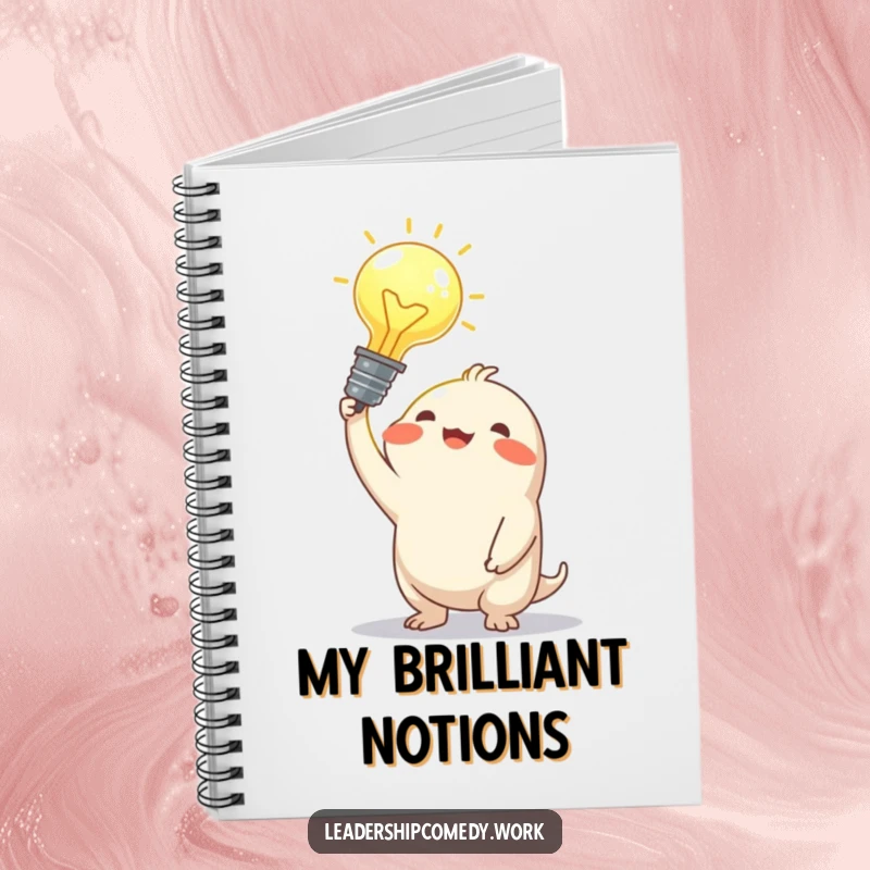 Funny notebook design featuring a joyful creature holding a large, glowing idea bulb, ideal for capturing brilliant thoughts.