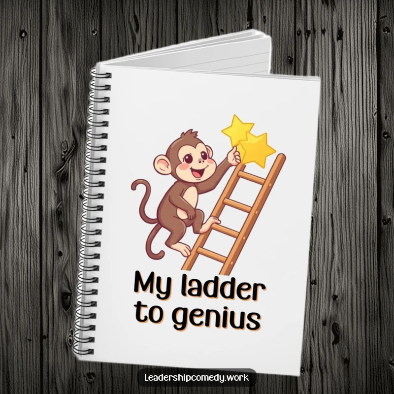 Funny Monkey climbing ladder notebook, pointing to a star, perfect for jotting down funny thoughts.
