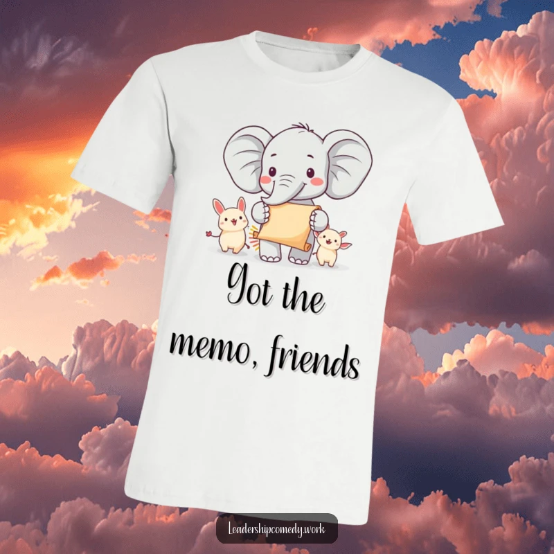Funny elephant parade t-shirt featuring a cheerful elephant leading a group of animals with a scroll, radiating joy and leadership, a fantastic funny gift.