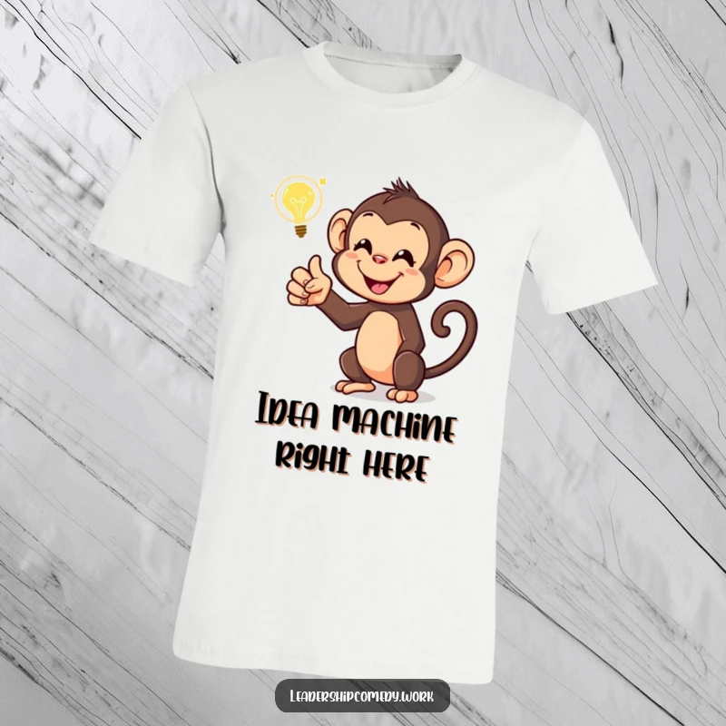 Funny monkey t-shirt, pointing to a glowing idea bubble, symbolizing wit and innovation. A great gift for smart individuals.