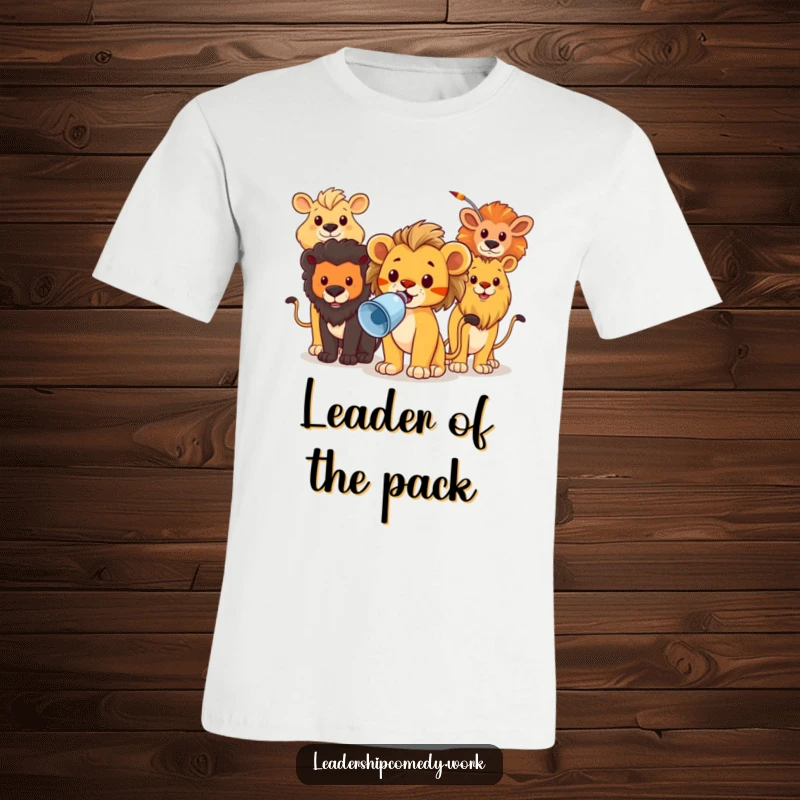 Funny t-shirt featuring a brave lion cub at the front, leading various animals with a megaphone, full of energy.
