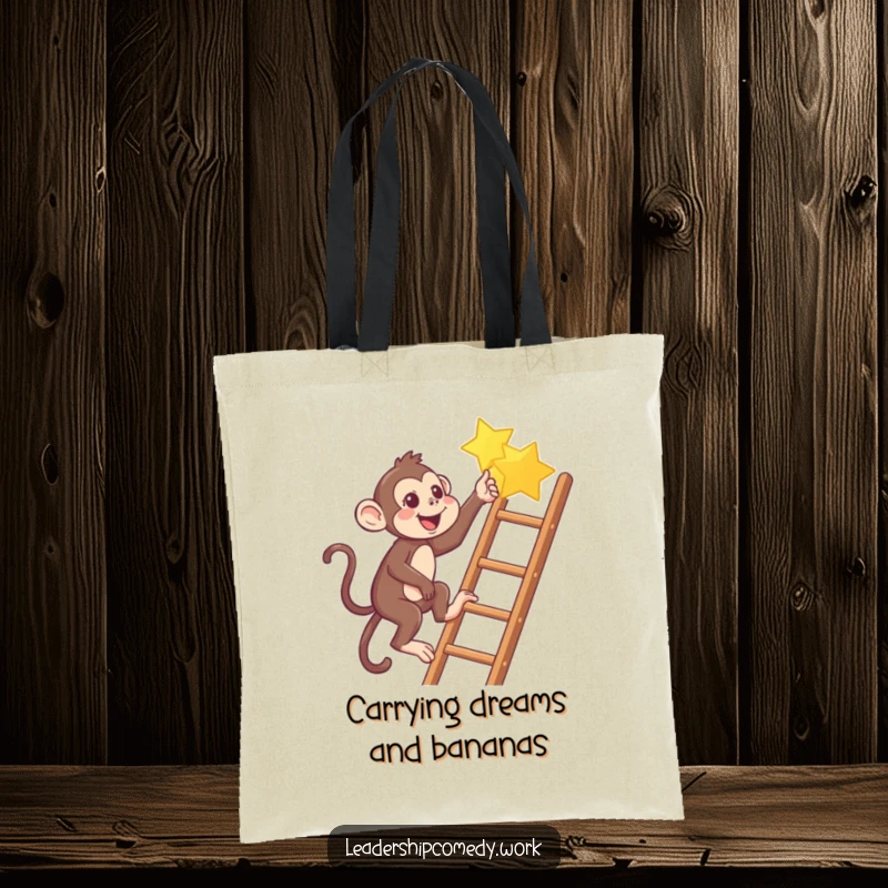 Funny Monkey climbing ladder tote bag, pointing to a star, a humorous and practical accessory.