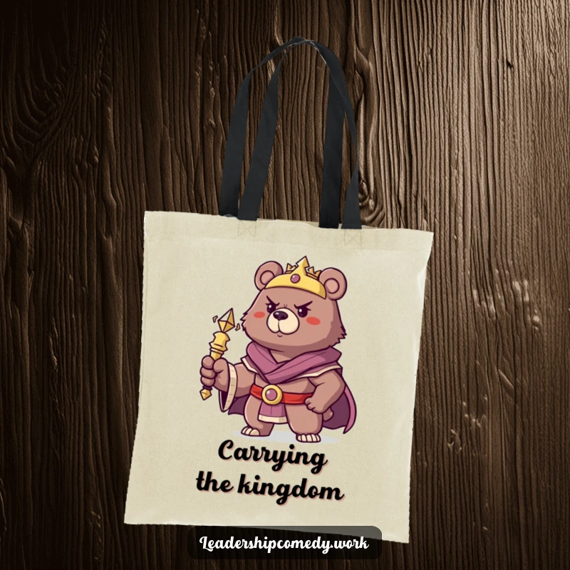 Funny bear king tote bag, brandishing a scepter, a humorous and regal accessory.