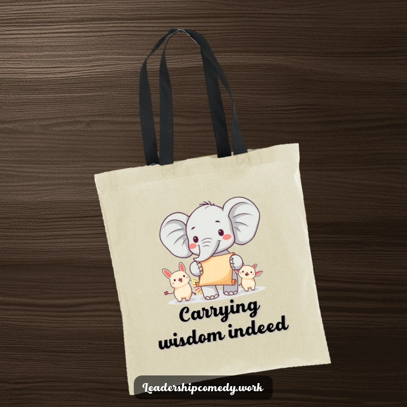 Funny elephant parade tote bag featuring a cheerful elephant leading animals with a scroll, perfect for carrying items with leadership and humor, a stylish funny gift.