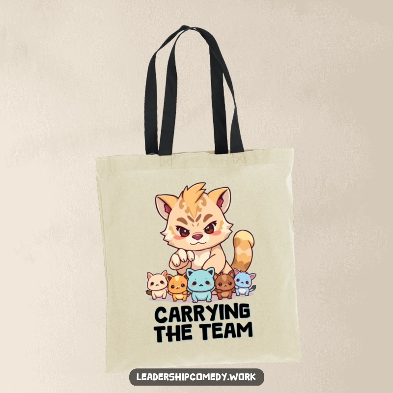 Funny tote bag depicting a determined creature leading smaller creatures with its paw, inspiring direction and purpose on the go.