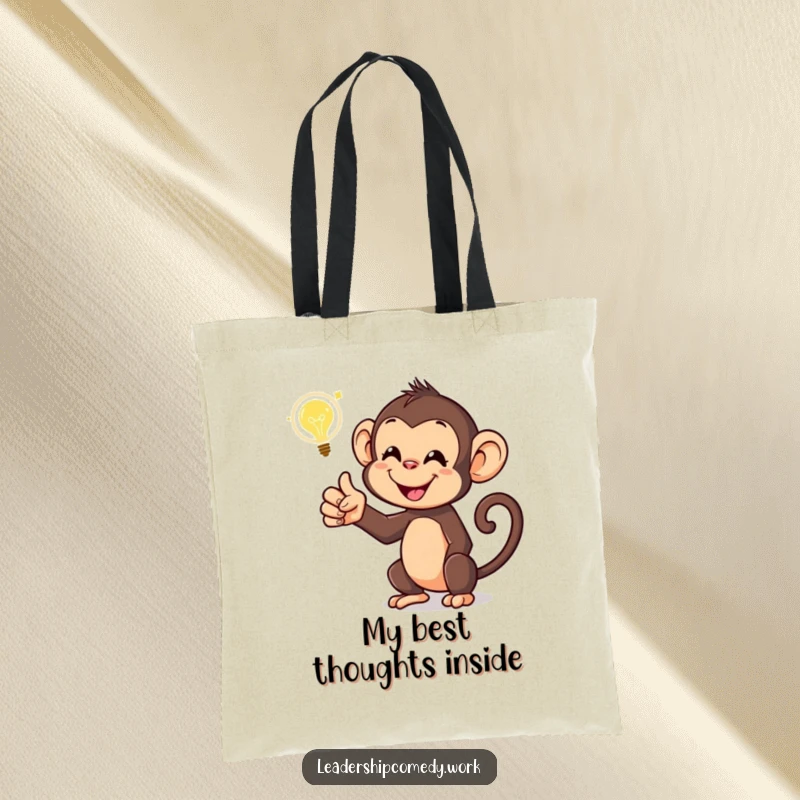 Funny monkey tote bag, carrying a glowing idea bubble, symbolizing smarts and utility. A practical and humorous accessory.