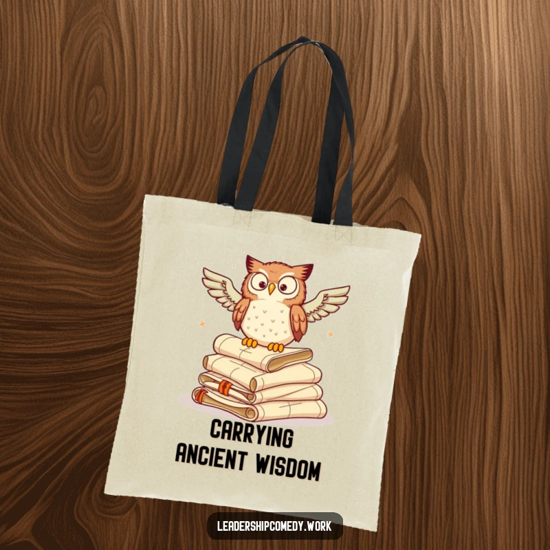 Funny tote bag showcasing a wise owl perched on scrolls, perfect for carrying books and knowledge.